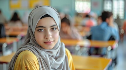 Sticker - Back to school. Middle eastern muslim school female teenage student posing at the classroom looking at the camera