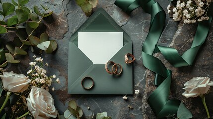 Poster - olive envelope,blank paper card inside gold rings green ribbon,flowers on stone background wedding invitation card template flat lay top view.image illustration