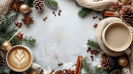 Wall Mural - cozy home desk table,scarf coffee cup cotton pine cones cinnamon sticks on white flat lay top view copy space.image illustration