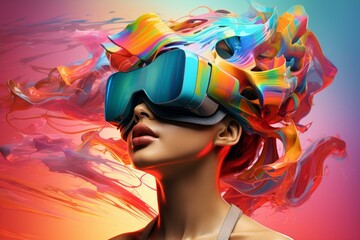 Wall Mural - Portrait of a young woman wearing vr headset with dynamic abstract colors and shapes around her