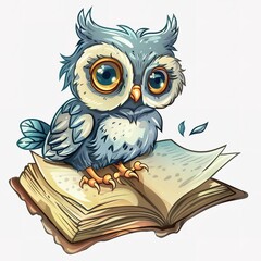 A cute owl sitting on an open book, cartoon style tattoo design with pastel colors, transparent background, png format. Job ID: 6e4fa6b3-3dff-4c20-bce1-7734a14115da