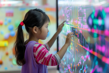 Wall Mural - child using artificial intelligence on virtual screen with a simple minimalist colourful UI for communicating with friends online - future social media concept