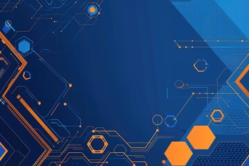 Poster - Blue background with orange and blue geometric shapes, technologically-inspired design element 