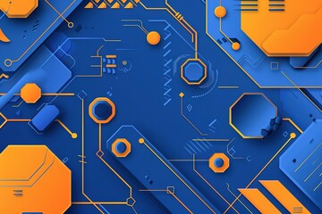 Poster - Blue background with orange and blue geometric shapes, technologically-inspired design elements  