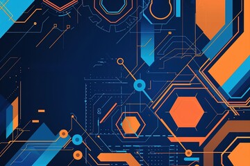 Poster - Blue background with orange and blue geometric shapes, technologically-inspired design elements  