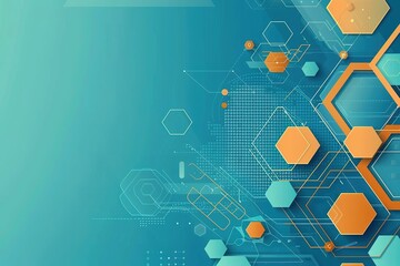 Poster - Blue background with orange and blue geometric shapes, featuring an abstract design for technology  