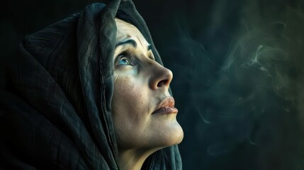 biblical character emotional closeup portrait of a veiled woman looking up expressive and contemplative dramatic lighting