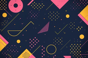 Poster - Dark blue background with yellow and pink lines, simple geometric shapes, dots, circles, triangles 