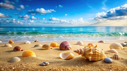 Wall Mural - Sea shells scattered on golden sand with a crystal blue ocean background, travel, vacation, seashells, sand, beach