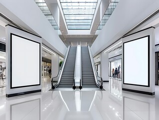 Wall Mural - An empty white billboard inside a shopping mall, placed above an escalator. The mall features modern architecture, bright lighting, and shoppers walking around.