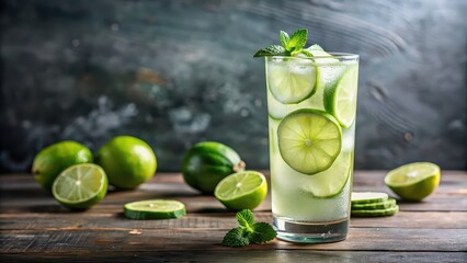 Sticker - Refreshing cucumber limeade in a tall glass on background, cucumber, lime, limeade, drink, beverage, refreshing, glass, tall