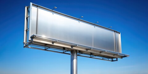 Poster - Metal billboard with shiny silver finish standing tall against a clear blue sky , advertisement, marketing, branding