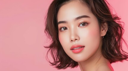 Wall Mural - closeup portrait of young asian beautiful woman with kbeauty makeup style perfect skin pink background