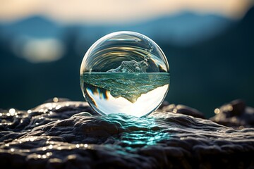 Transparent glass ball capturing the serene beauty of a mountainous horizon at dusk