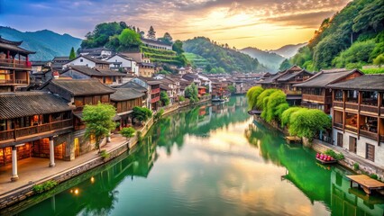 Canvas Print - Scenic river view overlooking a charming Chinese town, River, view, Chinese, town, buildings, landscape, architecture