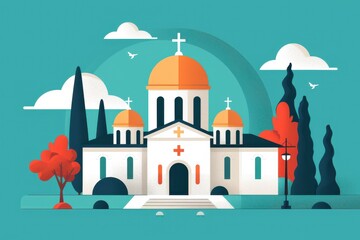 A vibrant illustration of a church with domes and crosses, surrounded by trees and a clear sky, showcasing architectural beauty.