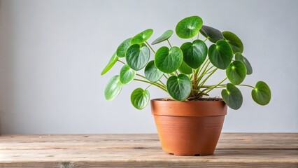 Poster - Pilea plant in a pot, popular houseplant, background, Pilea, plant, pot, houseplant, trendy, modern, indoor, greenery