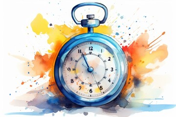 Vibrant and colorful watercolor stopwatch illustration with abstract hand-drawn artistic splashes in blue and yellow on a watercolour background