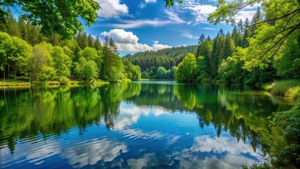 Wall Mural - Serene lake surrounded by lush green woods, nature, landscape, scenic, tranquil, peaceful, wilderness, forest, trees