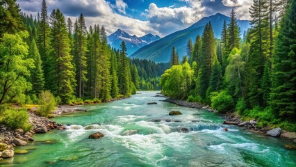 Wall Mural - Mountain river flowing through lush green forest , nature, water, stream, trees, scenery, landscape, outdoor, peaceful
