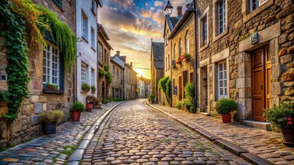 Poster - Old cobblestone street in a quaint town , vintage, historic, architecture, alleyway, narrow, charming, brick, picturesque