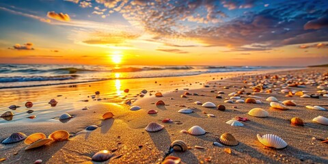 Wall Mural - Scenic sunset on a sandy beach with shells scattered around , Beach, sand, shells, sunset, ocean, waves, relaxation, summer
