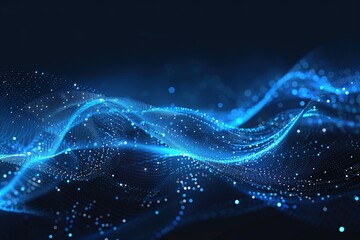 Fototapete - Abstract background with blue waves and dots on a dark gradient, a digital or music wave form vector illustration.
