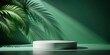 © Sujid - Podium pedestal with shadow of palm leaf on deep green background for product presentation, podium, pedestal