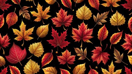 Sticker - Red and gold leaves seamless pattern on black background, autumn, fall, foliage, seasonal, elegant, nature, decorative