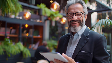 Poster - portrait of a happy business man using tablet for business management 