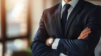 Canvas Print - A man in a suit and tie is wearing a watch and has his arms crossed