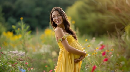 Canvas Print - A pregnant woman is standing in a field of flowers in a yellow dress