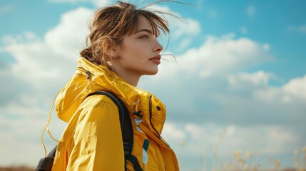 Canvas Print - A woman wearing a yellow jacket and carrying a backpack is standing in a field