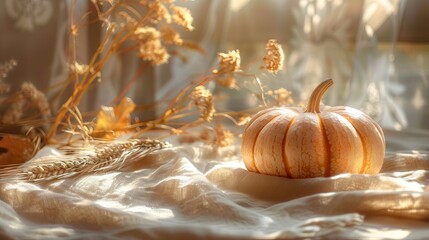 Autumn pumpkin with wheat stalks on a fabric background. Concept of fall harvest, Thanksgiving decoration, cozy indoor setting. Copy space