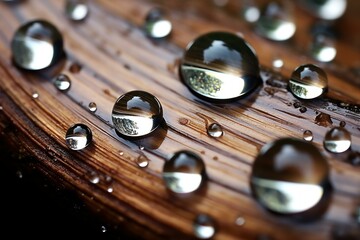 Poster - Macro shot of pristine water drops reflecting light on a smooth wooden background