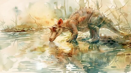 Wall Mural - Watercolor painting of Dilophosaurus dinosaur by a lake in a forest landscape. Concept of prehistoric life, nature art, dinosaur illustration