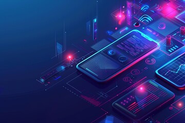 Poster - digital isometric technology mobile phone concept business communication smartphone background design