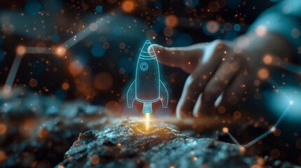 Poster - Businessman launching virtual hologram startup rocket into cyberspace