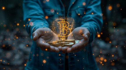 Poster - Businessman holding glowing bitcoin symbol and cryptocurrency coins
