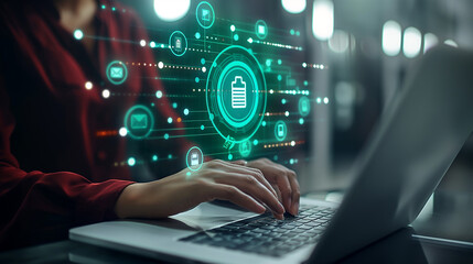 Aufkleber - Businesswoman working on laptop using document management system