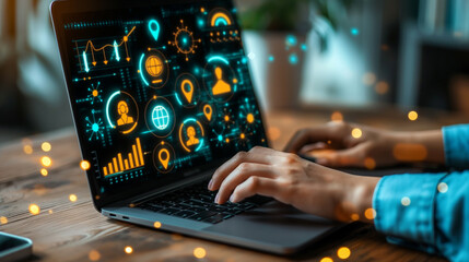 Aufkleber - Businesswoman working on laptop with global social network icons