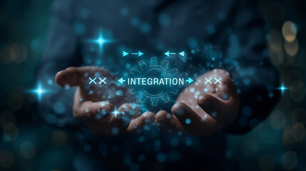 Poster - Businessman holding integration symbol representing merging of business processes