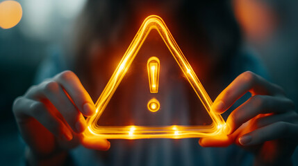 Poster - Woman holding a luminous triangle warning sign with exclamation mark
