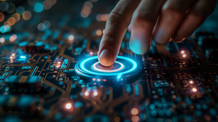 Poster - Engineer touching power button on futuristic electronic circuit board