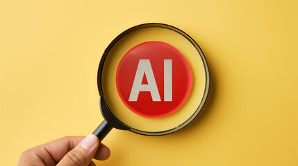 Poster - Businessman holding magnifying glass focusing on artificial intelligence chip