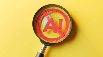 Poster - Magnifying glass showing forbidden artificial intelligence symbol on yellow background