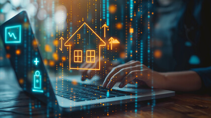 Poster - Woman is using laptop at night and managing smart home system