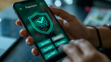 Poster - Woman holding smartphone making secure online payment