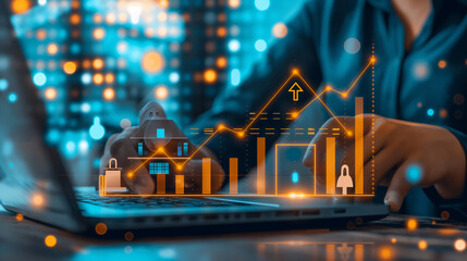 Poster - Businessman analyzing real estate market growth on laptop with hologram