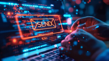 Leinwandbilder - Programmer sending email from laptop with futuristic interface